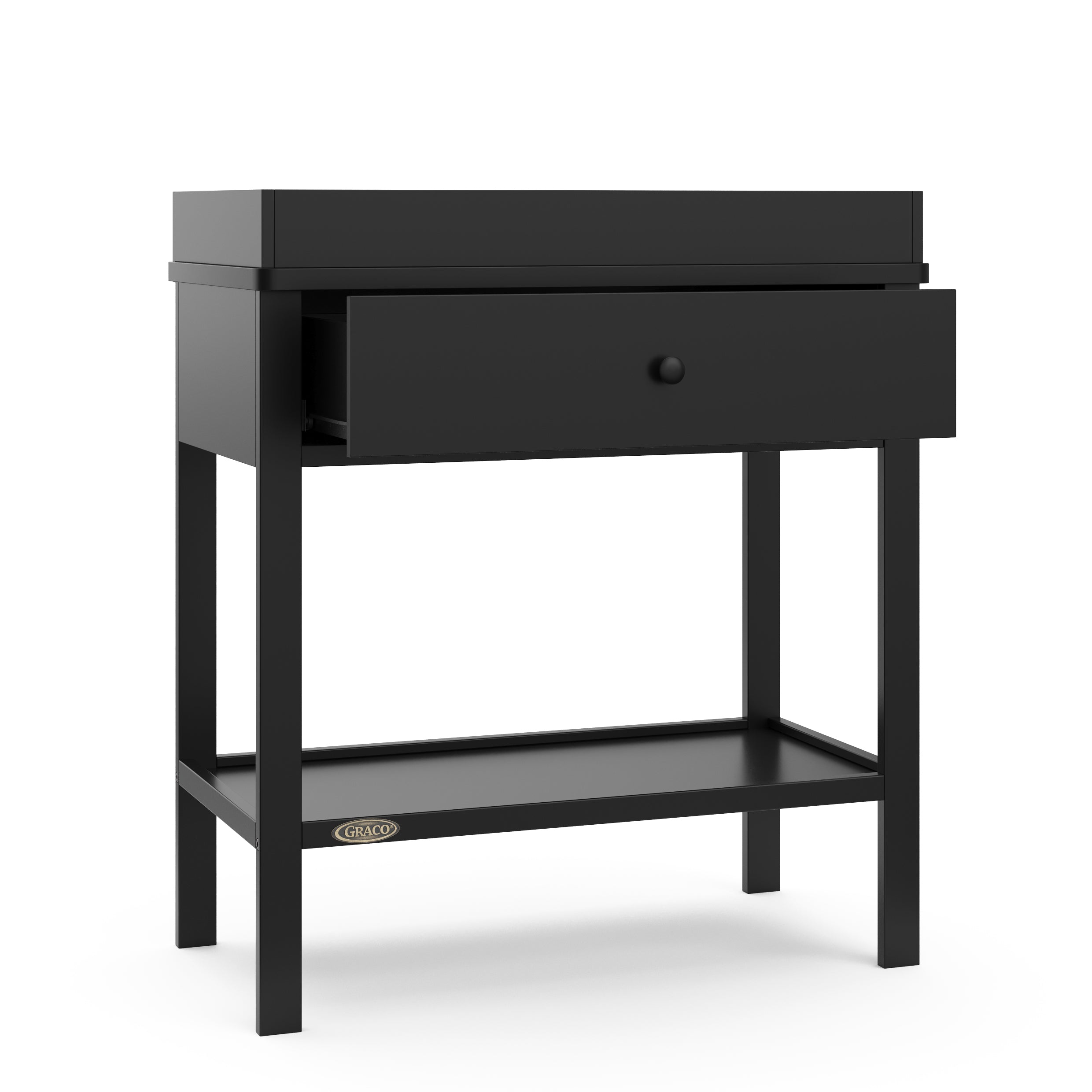 Black Graco storage changing table with drawer open angle view