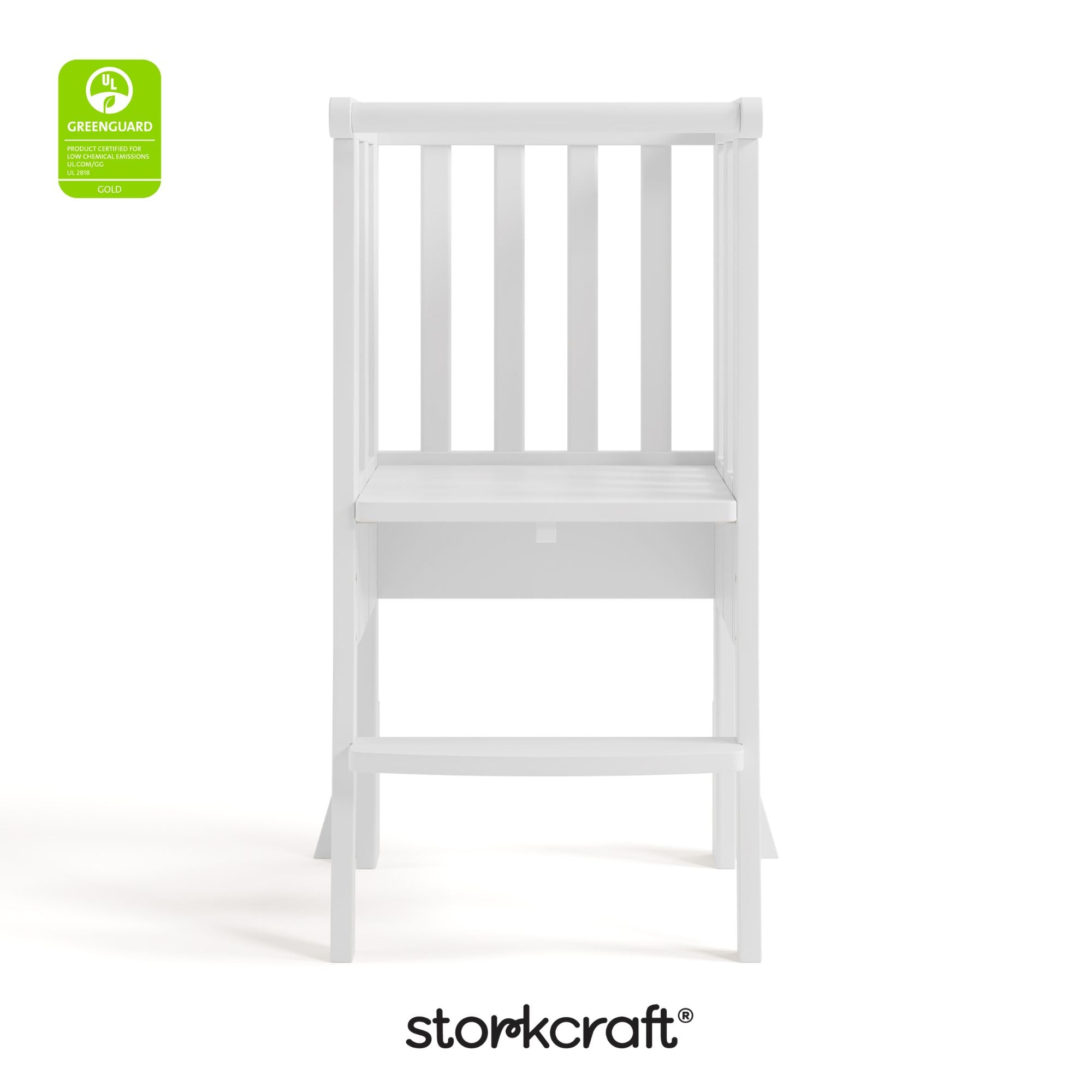toddler white step stool with GGG logo on top left