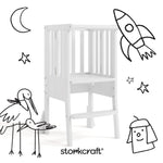 toddler white step stool with black doodles overlaid on image
