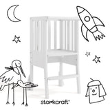 toddler white step stool with black doodles overlaid on image
