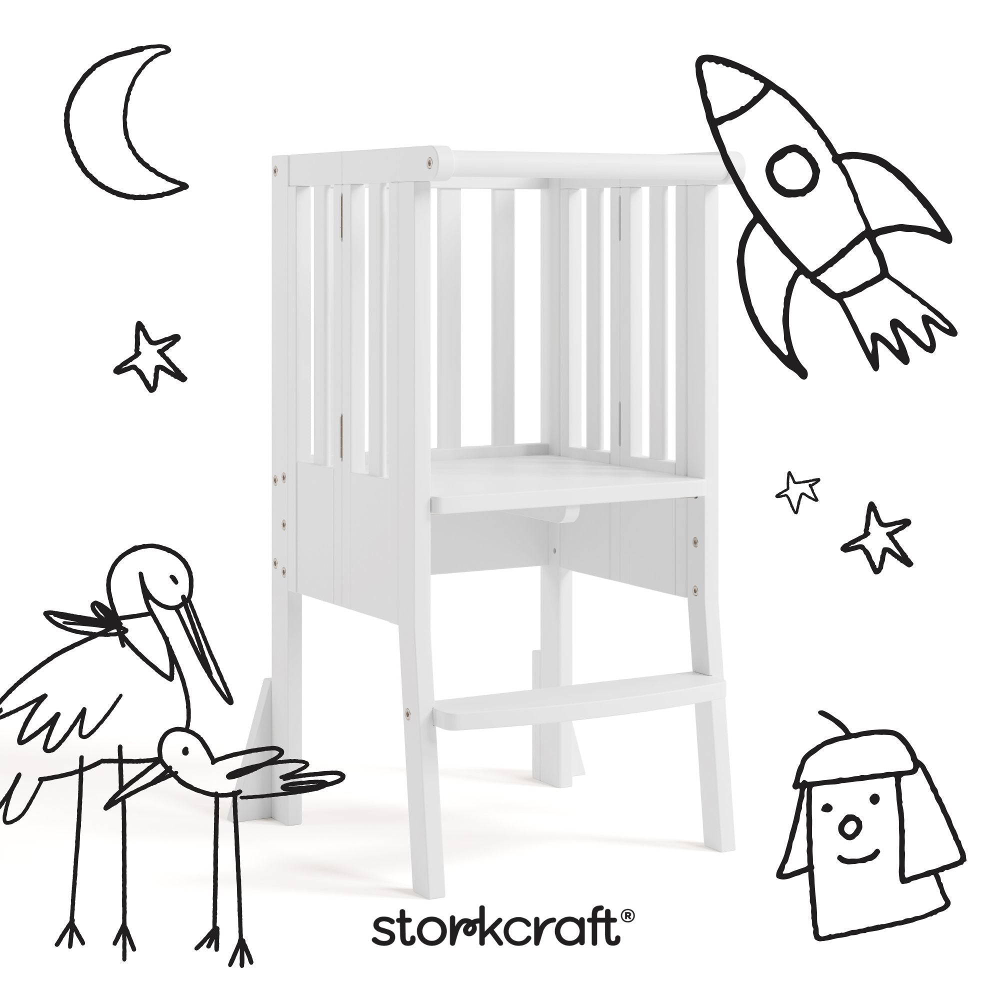 toddler white step stool with black doodles overlaid on image