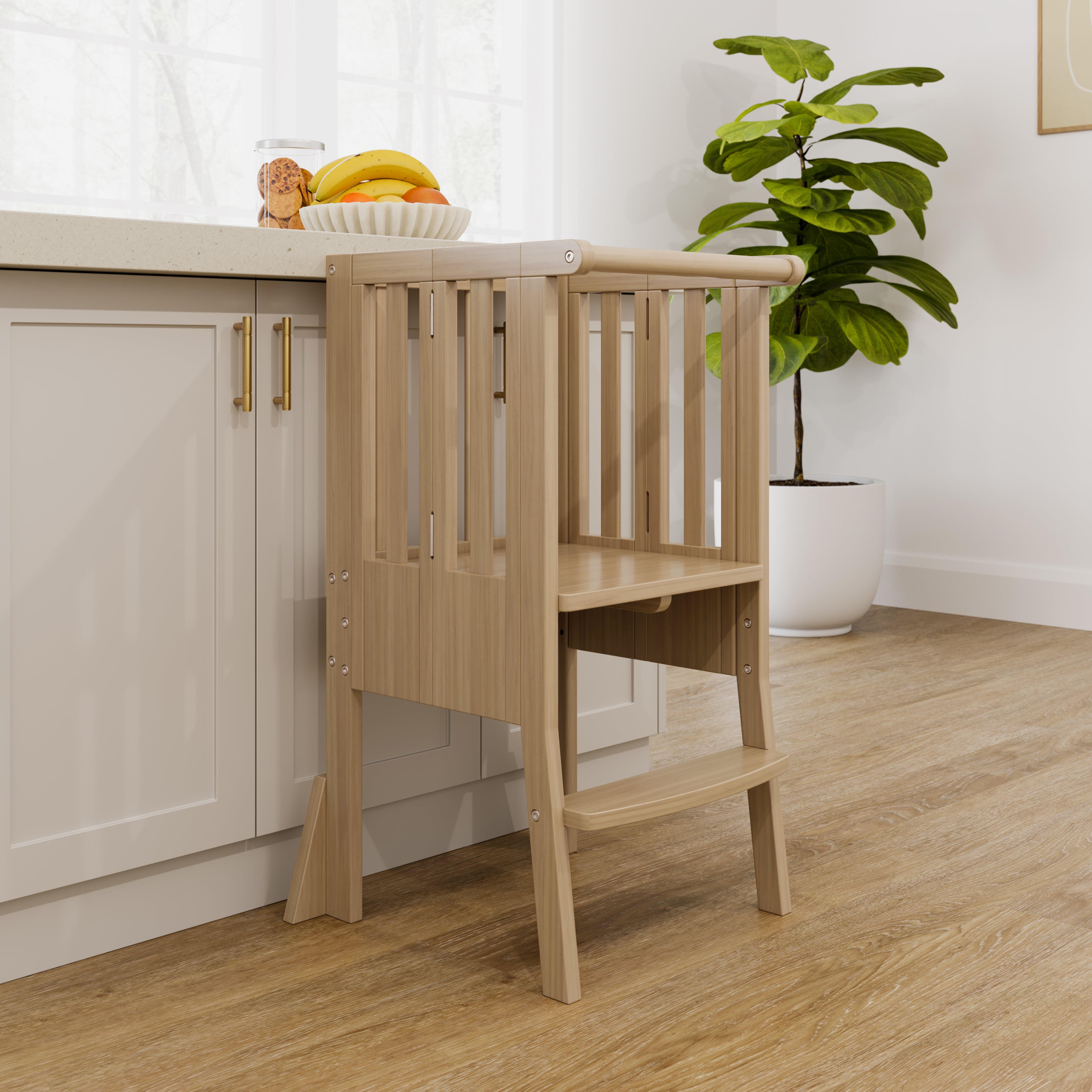 Toddler driftwood step stool in a kitchen