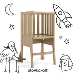 toddler driftwood step stool with black doodles overlaid on image