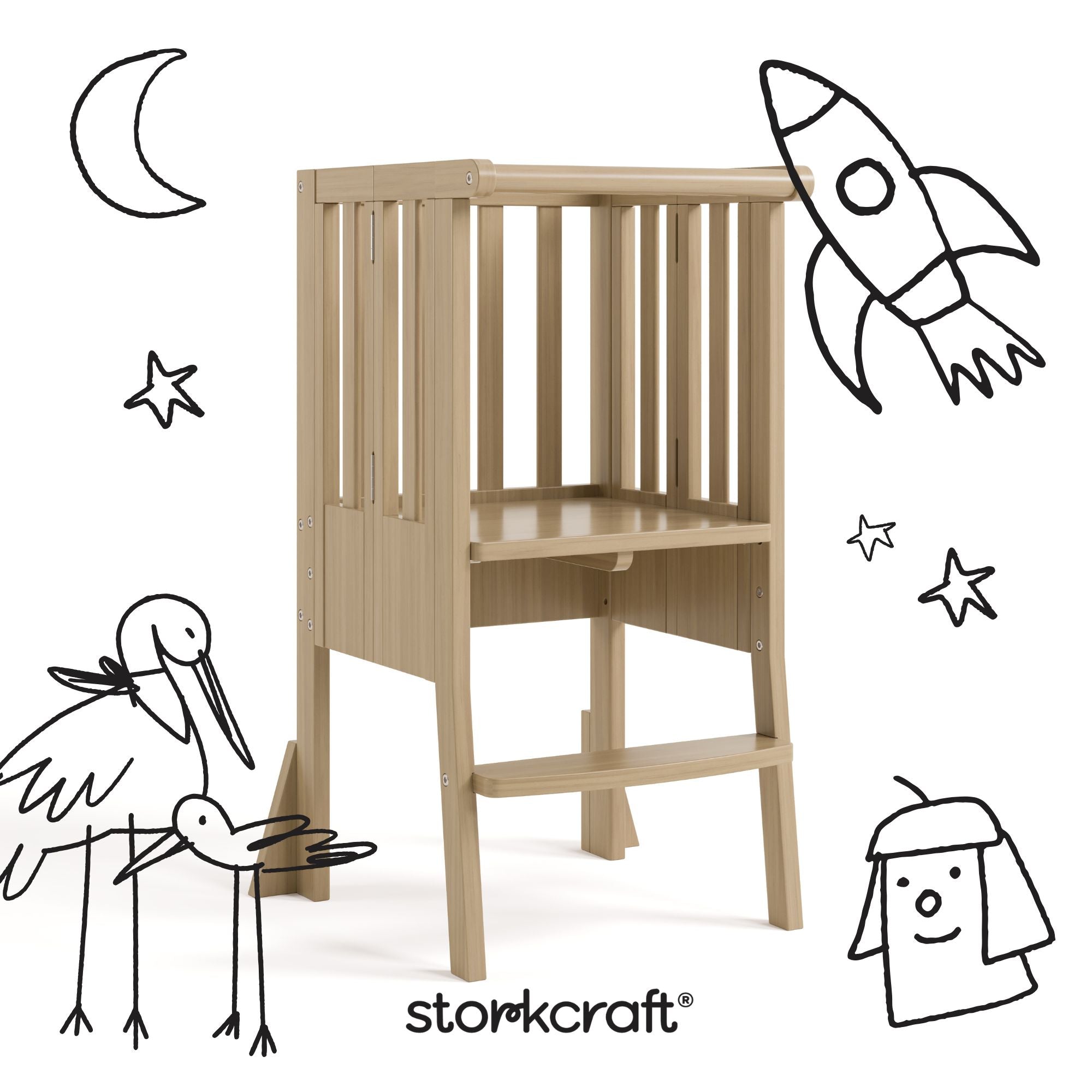 toddler driftwood step stool with black doodles overlaid on image