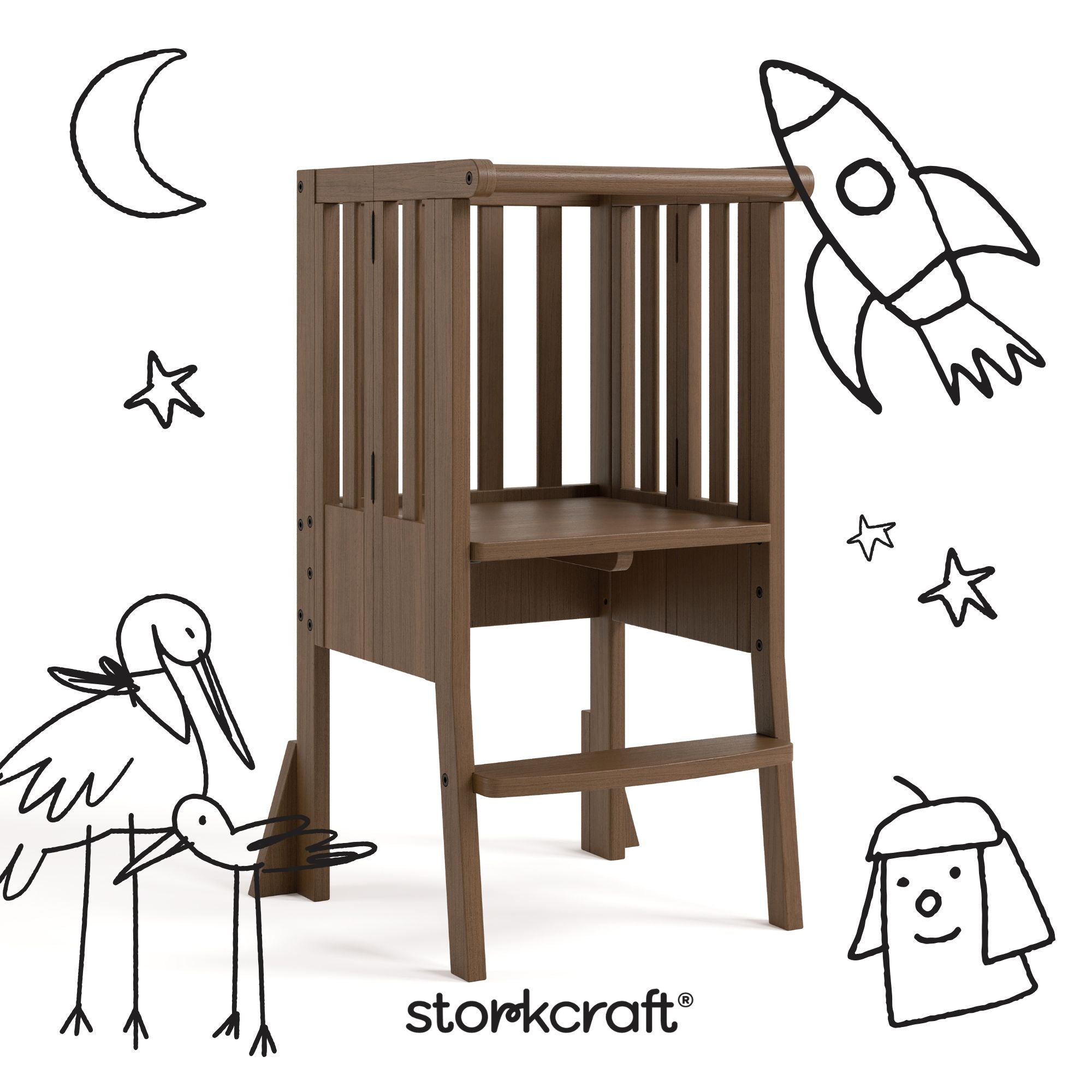 toddler hazelnut step stool with black doodles overlaid on image