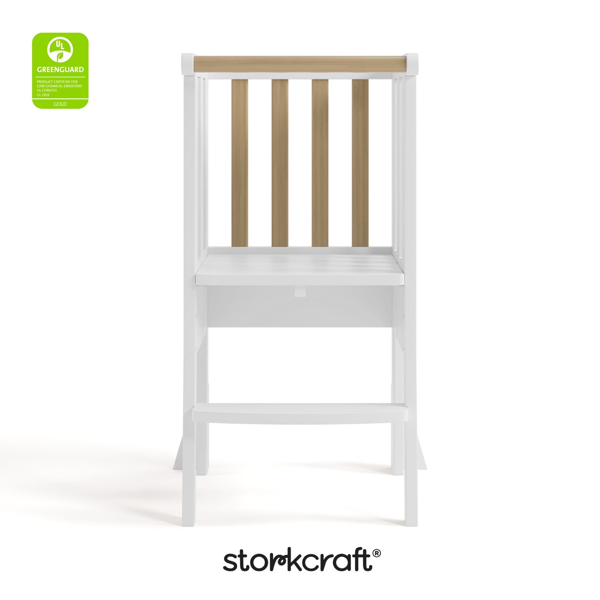 toddler white with driftwood step stool with GGG logo on top left