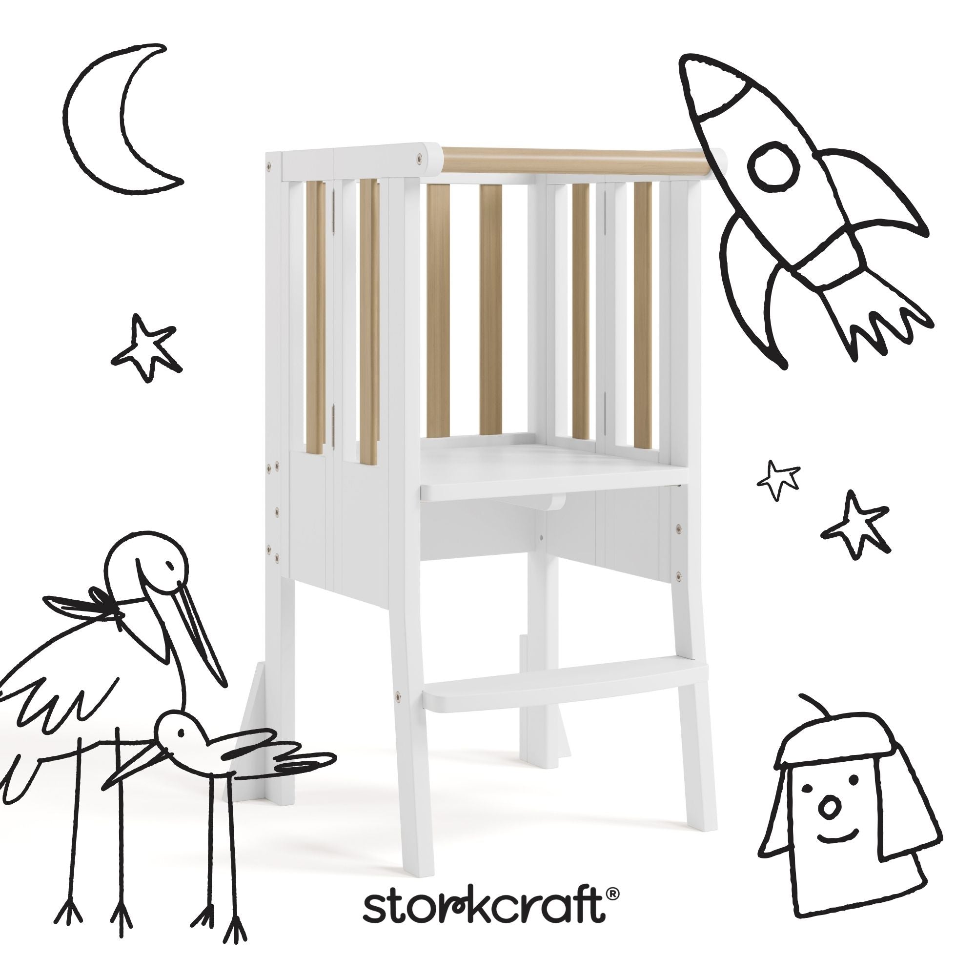 toddler white with driftwood step stool with black doodles overlaid on image