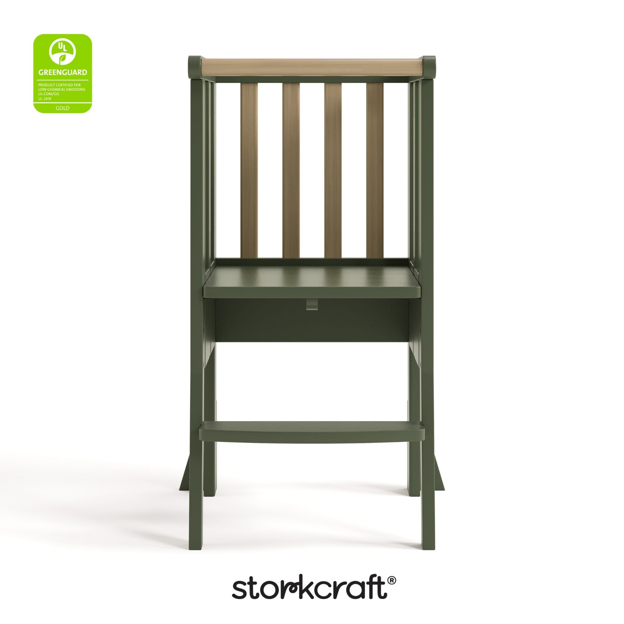 toddler olive with driftwood step stool with GGG logo on top left