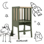 toddler olive with driftwood step stool with black doodles overlaid on image