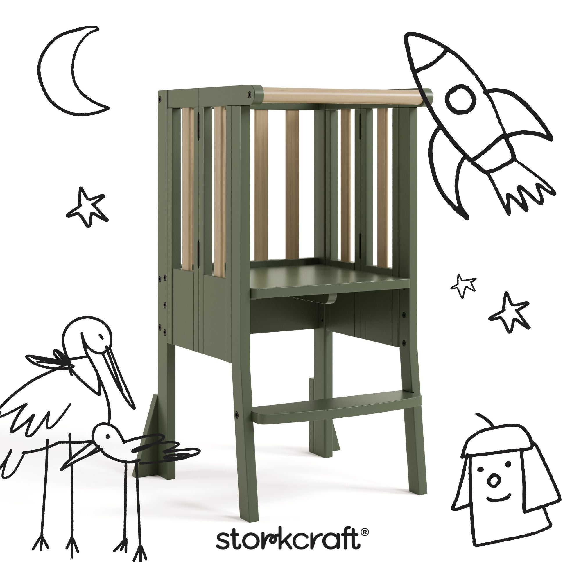 toddler olive with driftwood step stool with black doodles overlaid on image