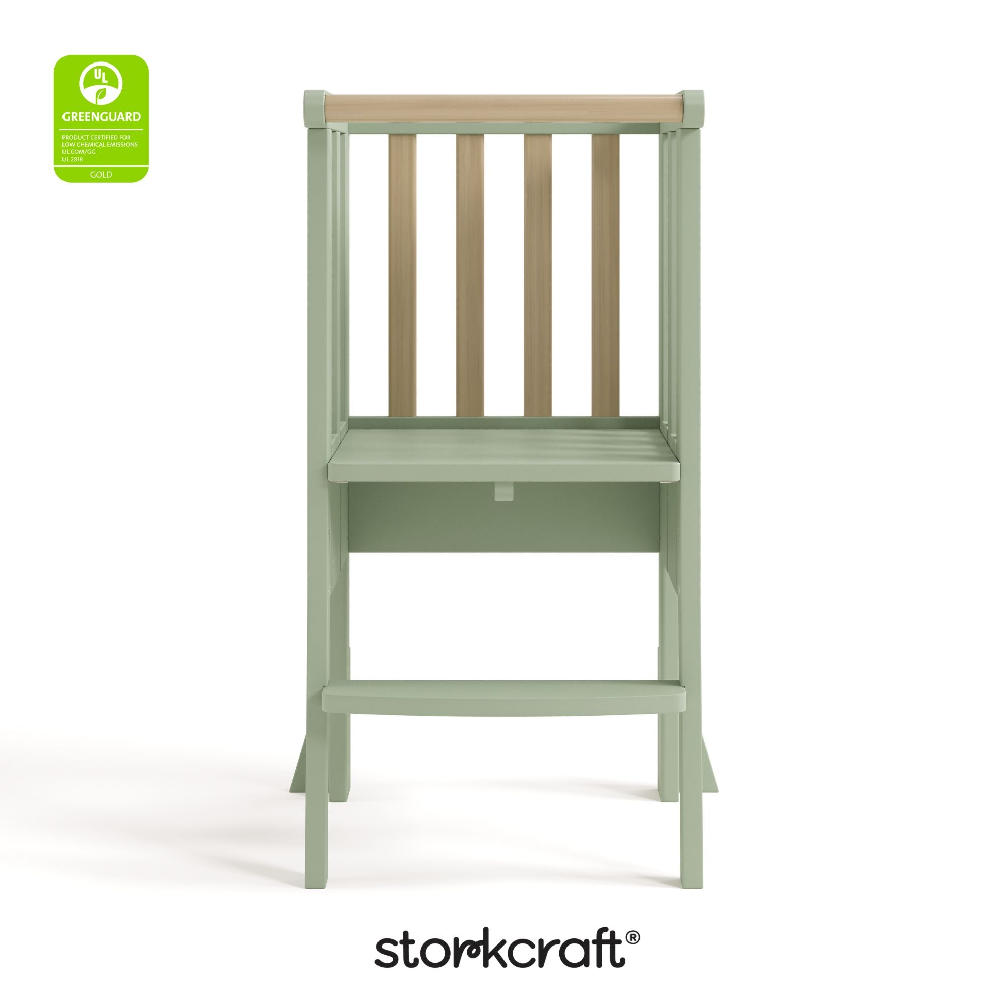 toddler sage with driftwood step stool with GGG logo on top left
