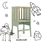 toddler sage with driftwood step stool with black doodles overlaid on image