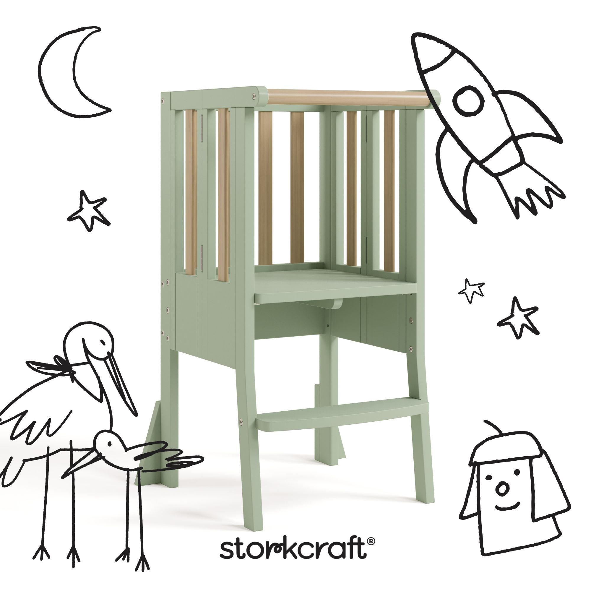 toddler sage with driftwood step stool with black doodles overlaid on image
