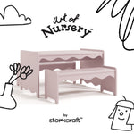 Casablanca blush table and bench set with black doodles overlaid on image