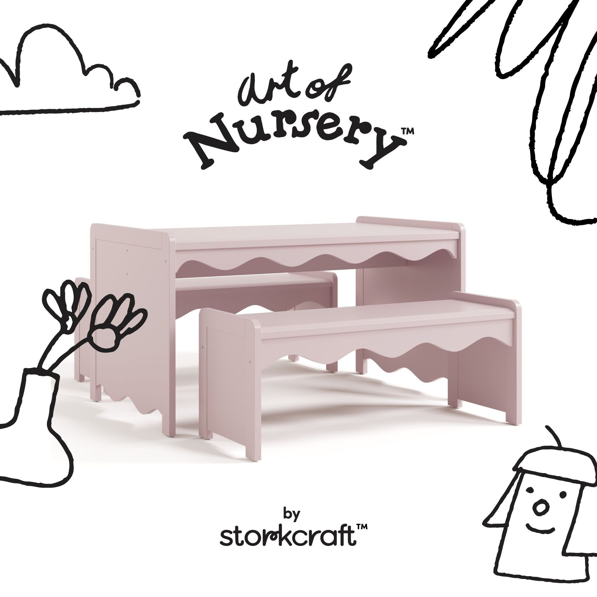 Casablanca blush table and bench set with black doodles overlaid on image