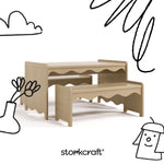 Casablanca driftwood bench and table set with black doodles overlaid on image