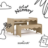 Casablanca driftwood table and bench set with black doodles overlaid on image