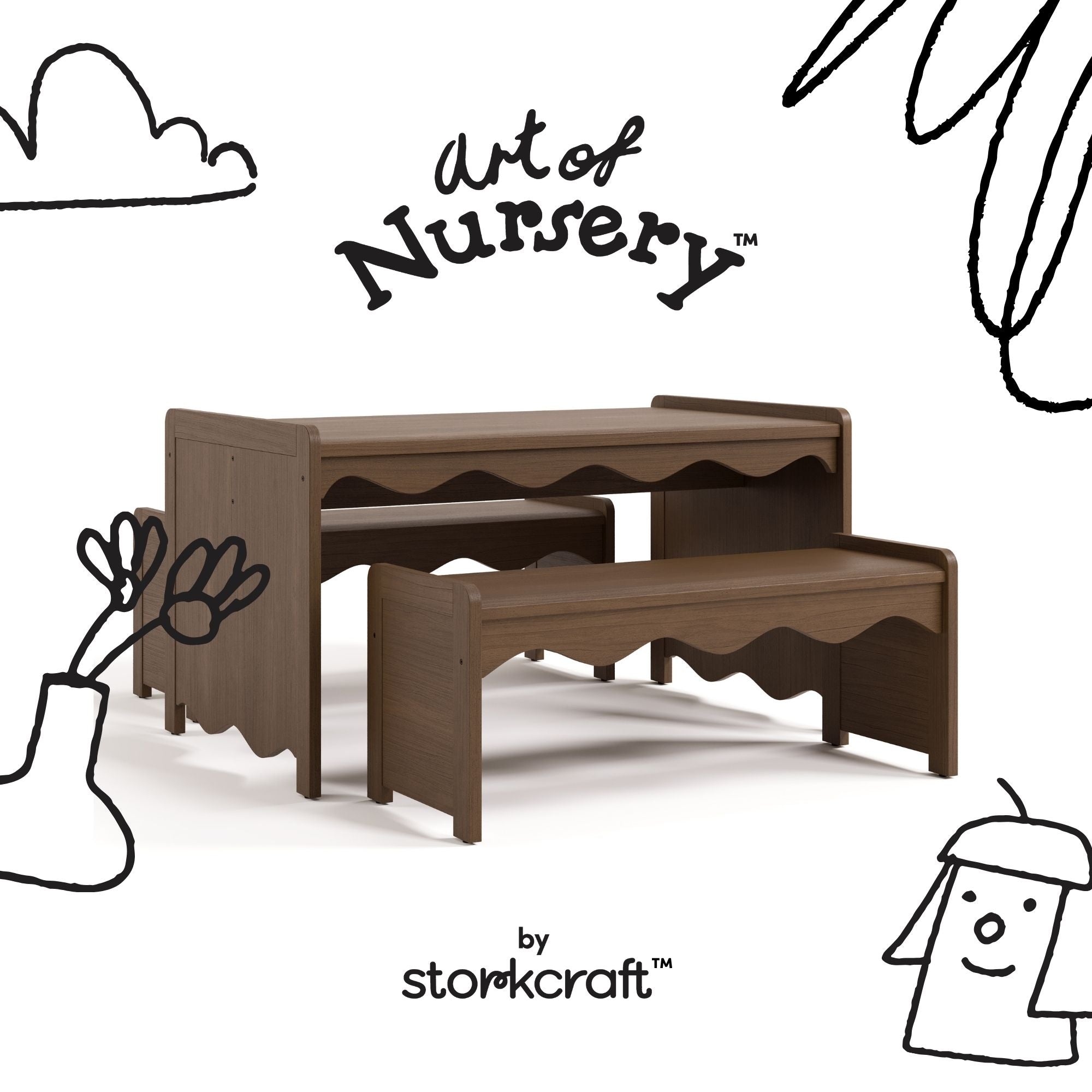 Casablanca hazelnut table and bench set with black doodles overlaid on image