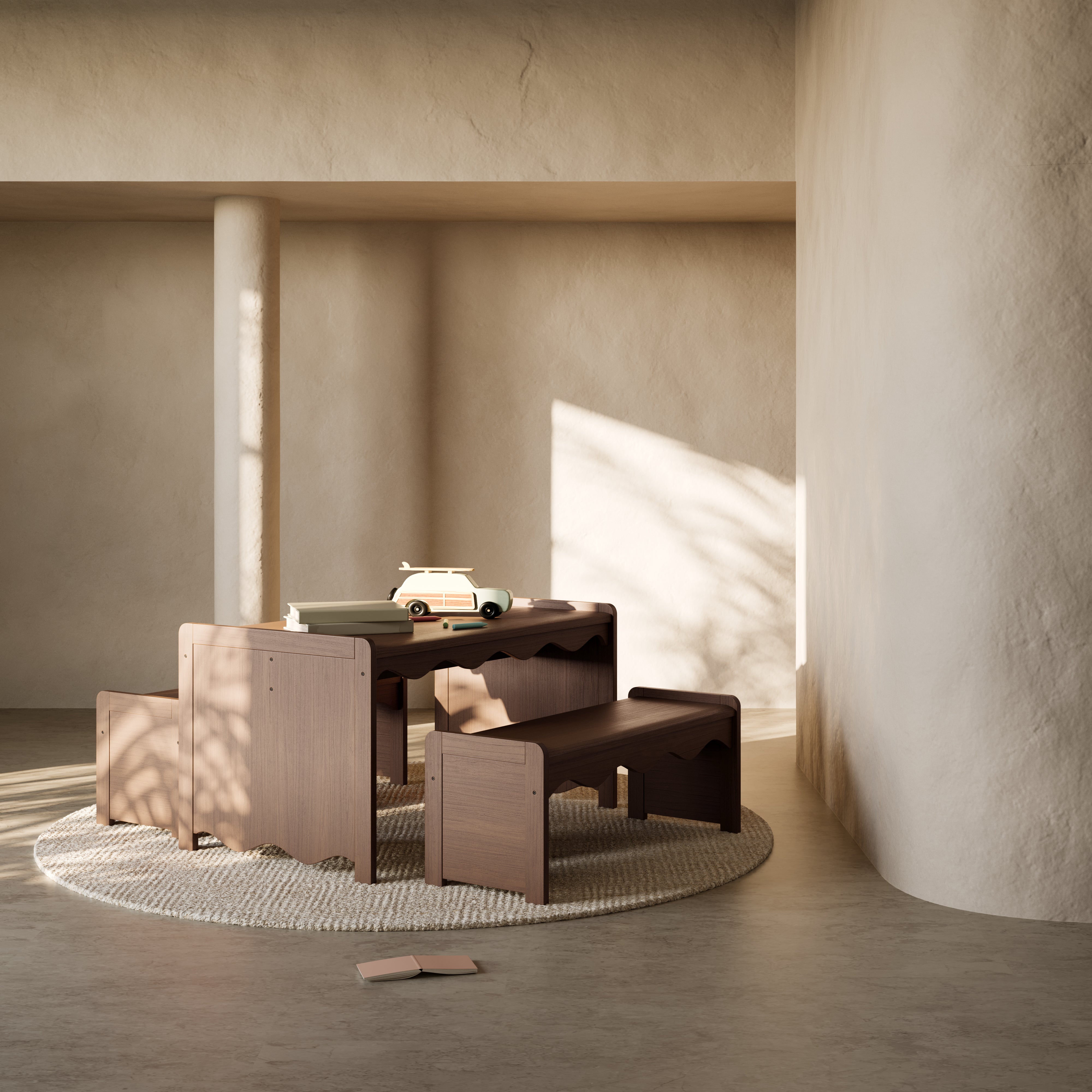 Casablanca hazelnut table and bench set in a nursery