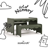 Casablanca olive table and bench set with black doodles overlaid on image