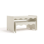 Angle view of Casablanca frosted oat bench and table set with benches tucked under table
