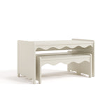 Angle view of Casablanca frosted oat bench and table set with benches tucked under table
