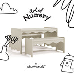 Casablanca frosted oat table and bench set with black doodles overlaid on image