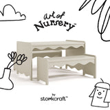 Casablanca frosted oat table and bench set with black doodles overlaid on image