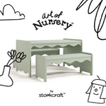 Casablanca sage table and bench set with black doodles overlaid on image