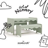 Casablanca sage table and bench set with black doodles overlaid on image