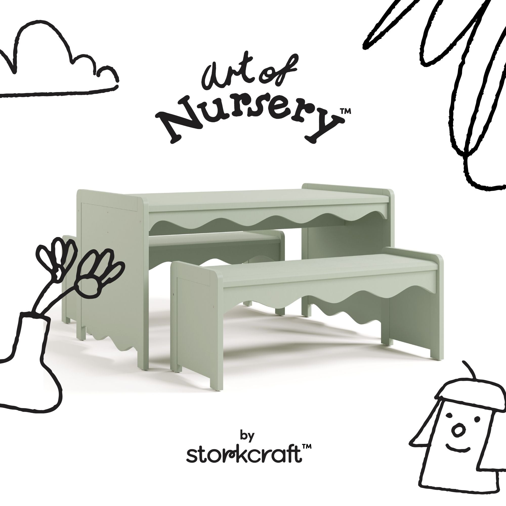 Casablanca sage table and bench set with black doodles overlaid on image