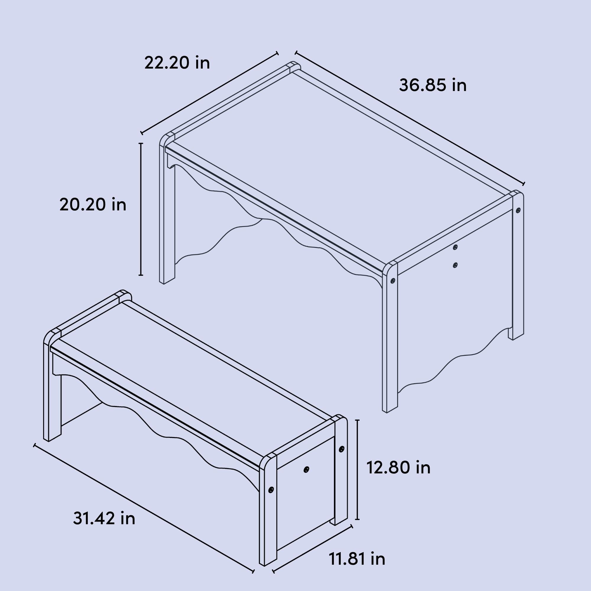 Casablanca table and bench set line drawing with dimensions