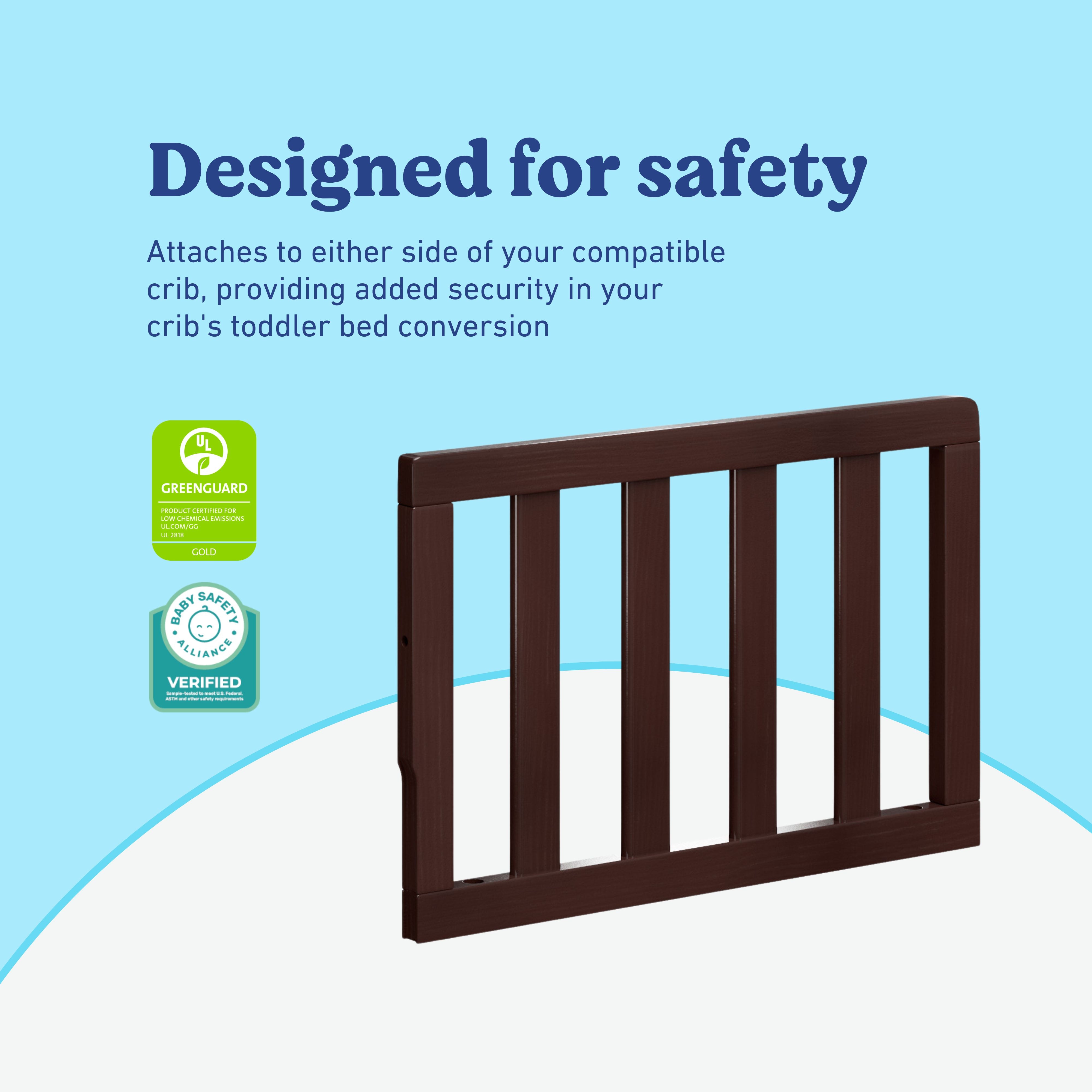 Espresso toddler safety guardrail slats certifications callout