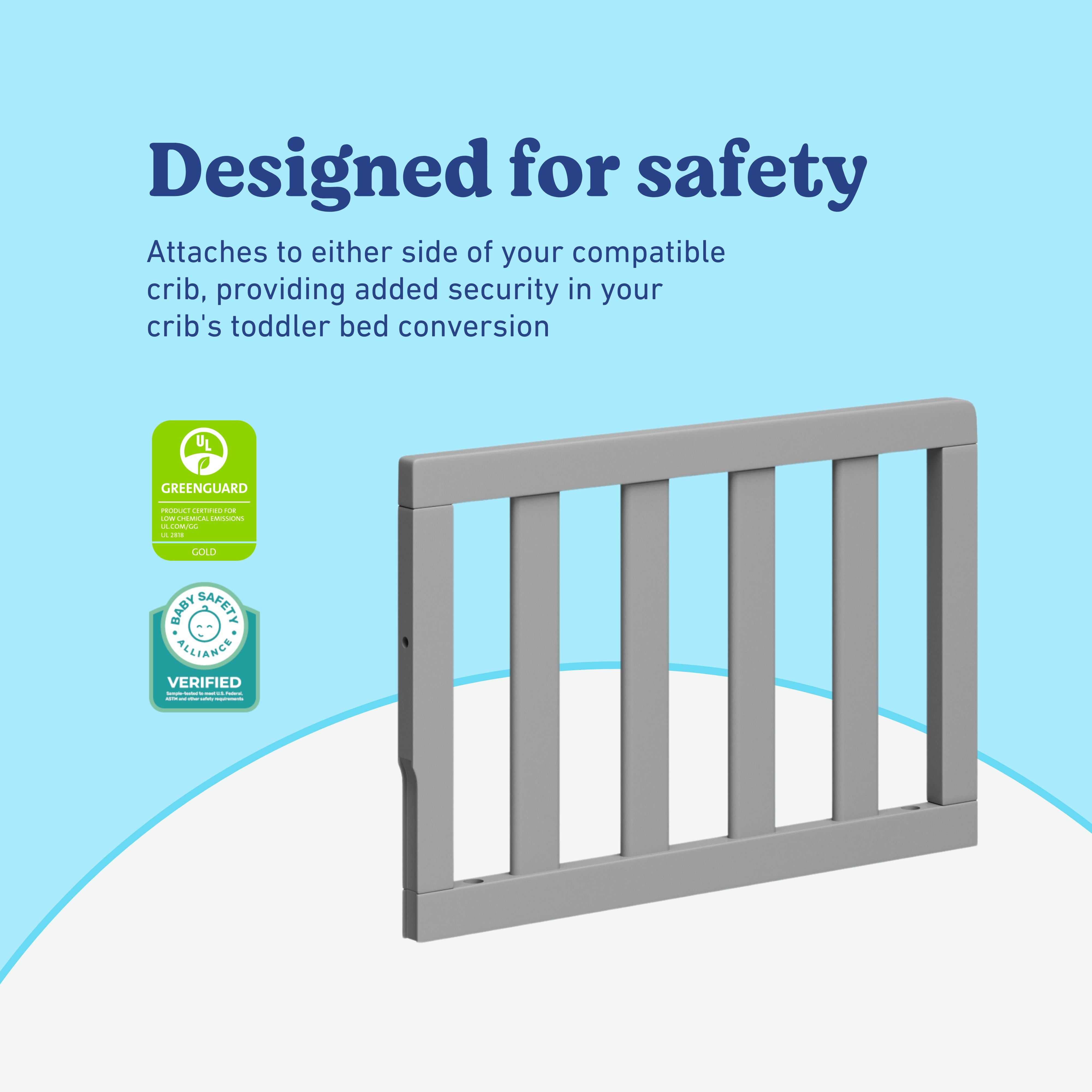 Pebble Gray toddler safety guardrail slats certifications callout