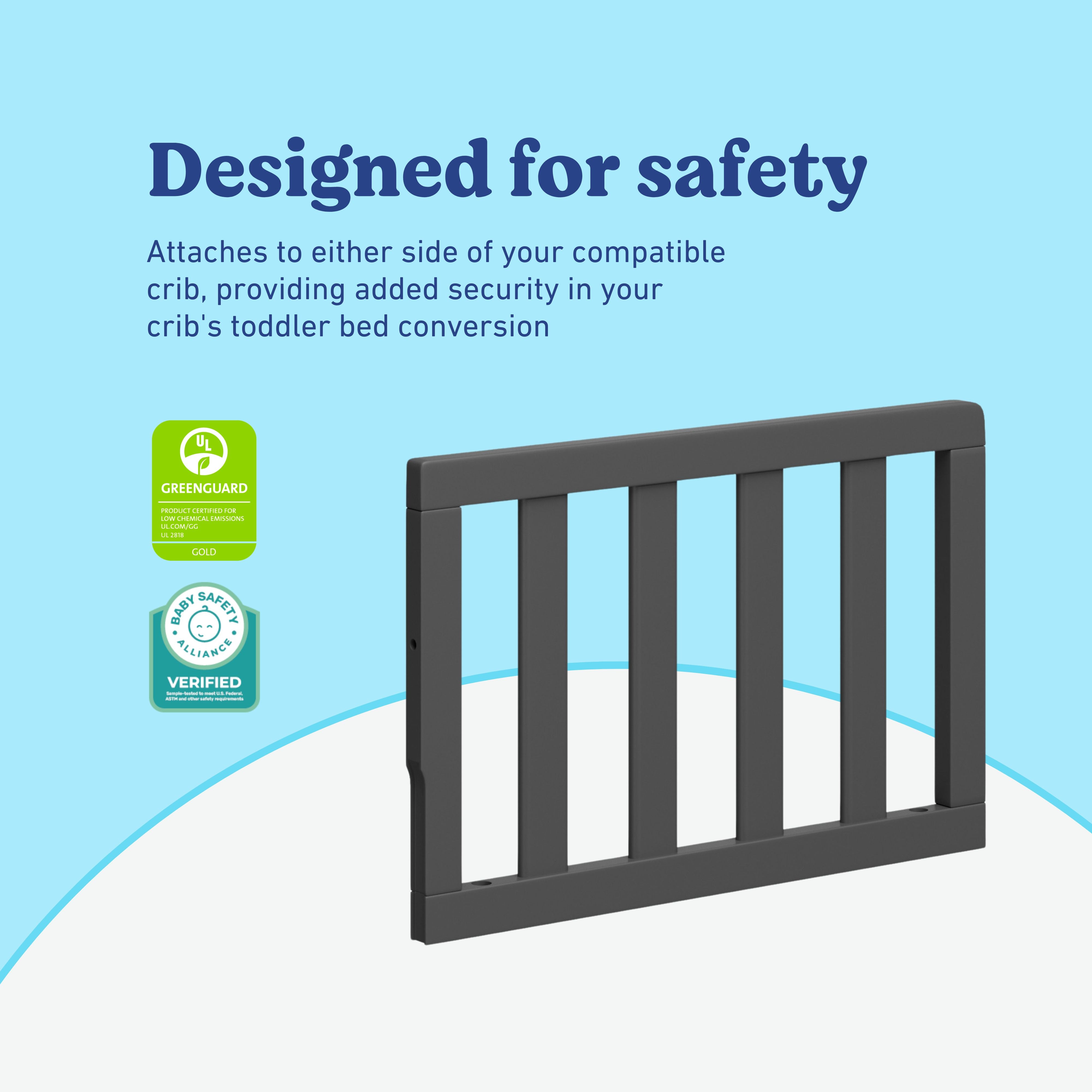 Gray toddler safety guardrail slats certifications callout