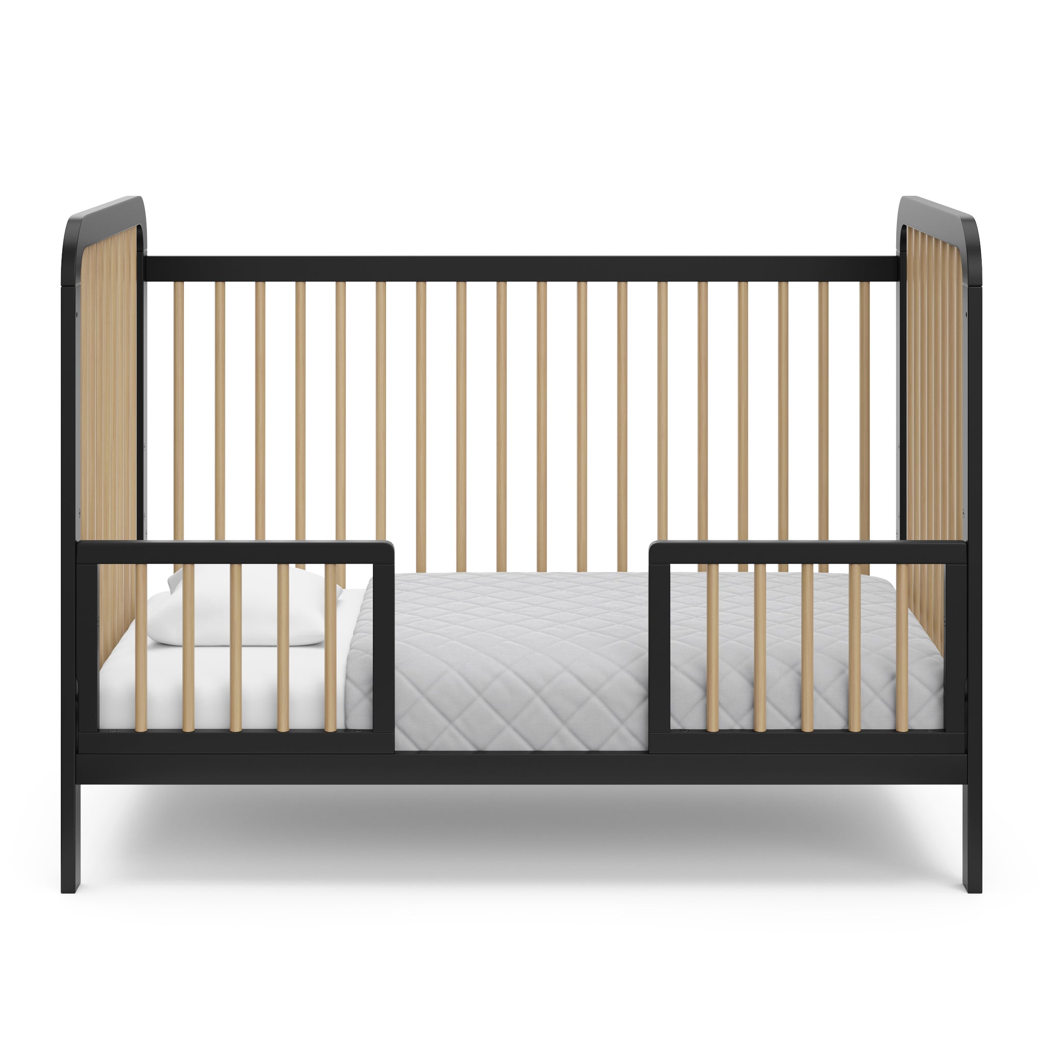 Black with driftwood Toddler Safety Guardrail Kit with dowels applied in toddler bed