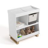 storkcraft modern convertible changing table white with driftwood top view with changing pad and baby items inside storage cubbies