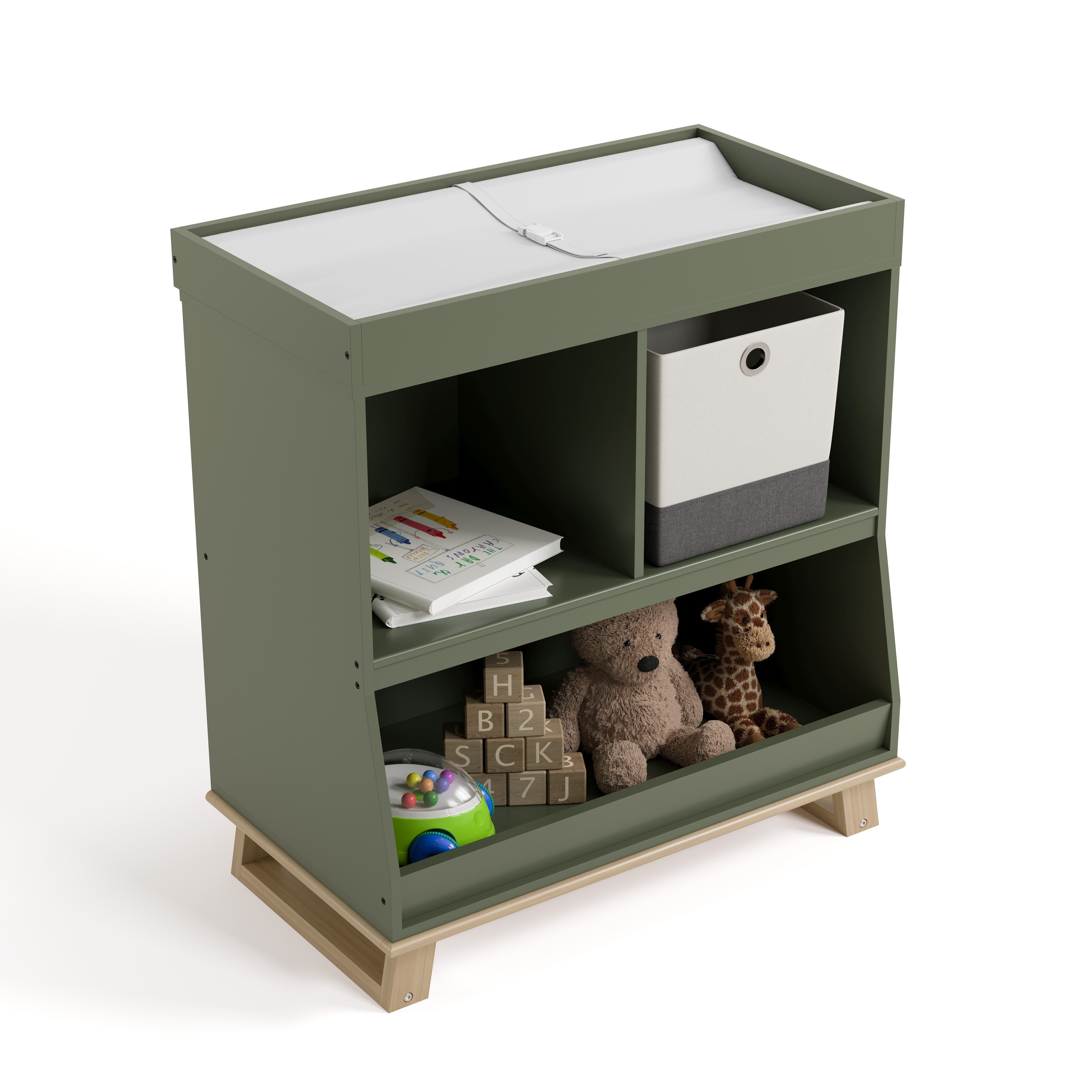 storkcraft modern convertible changing table olive with driftwood top view with changing pad and baby items inside storage cubbies