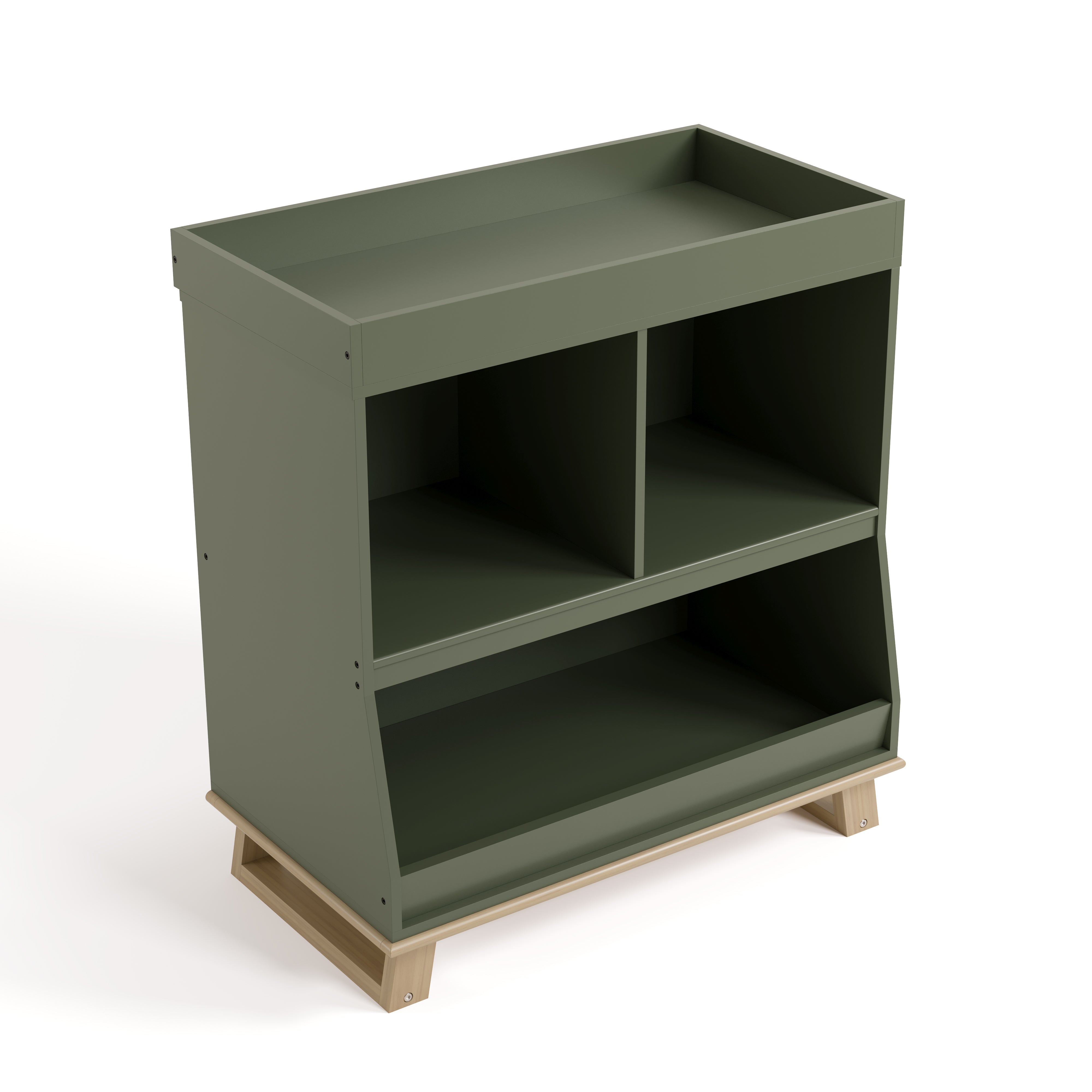 storkcraft modern convertible changing table olive with driftwood top view