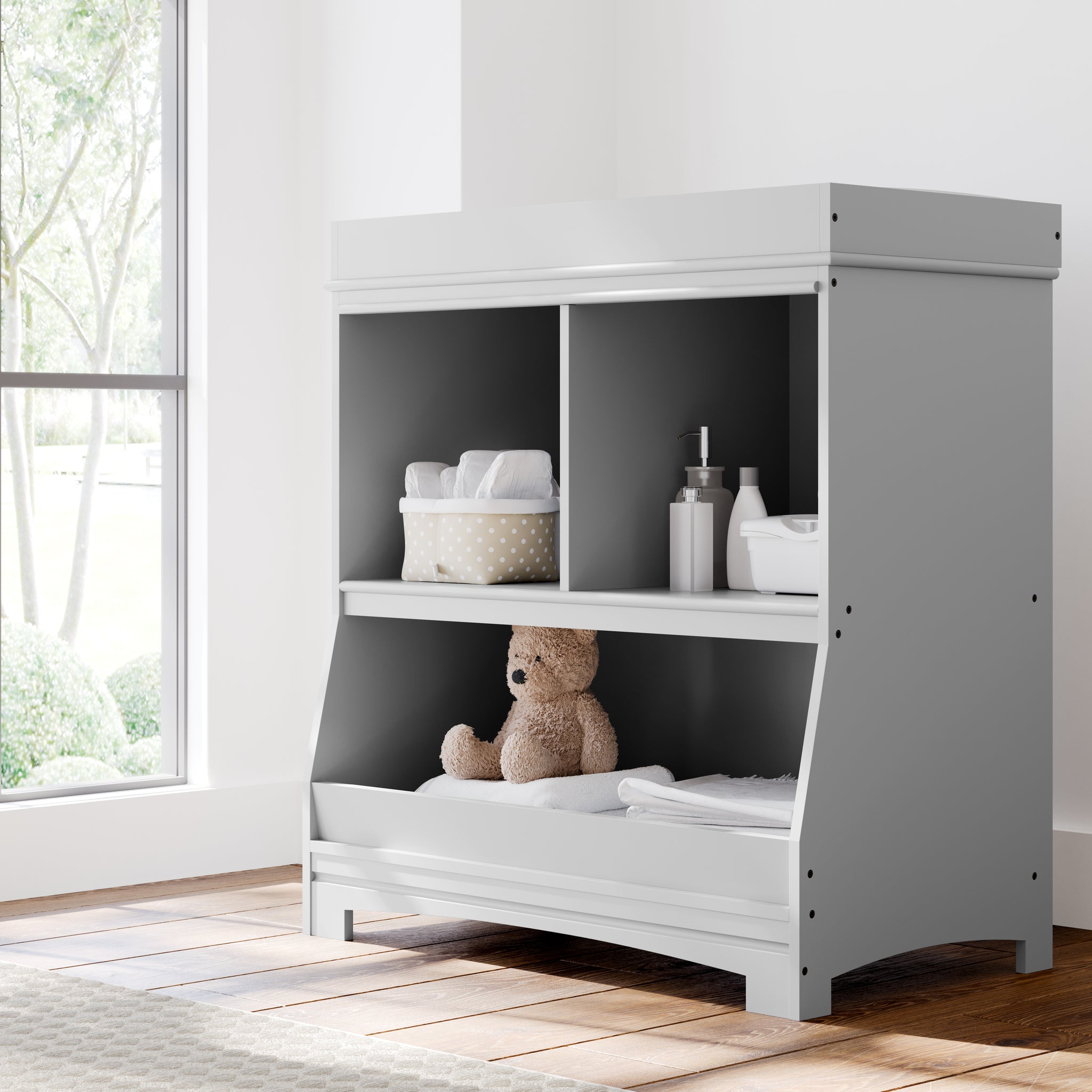 pebble gray changing table with storage in nursery