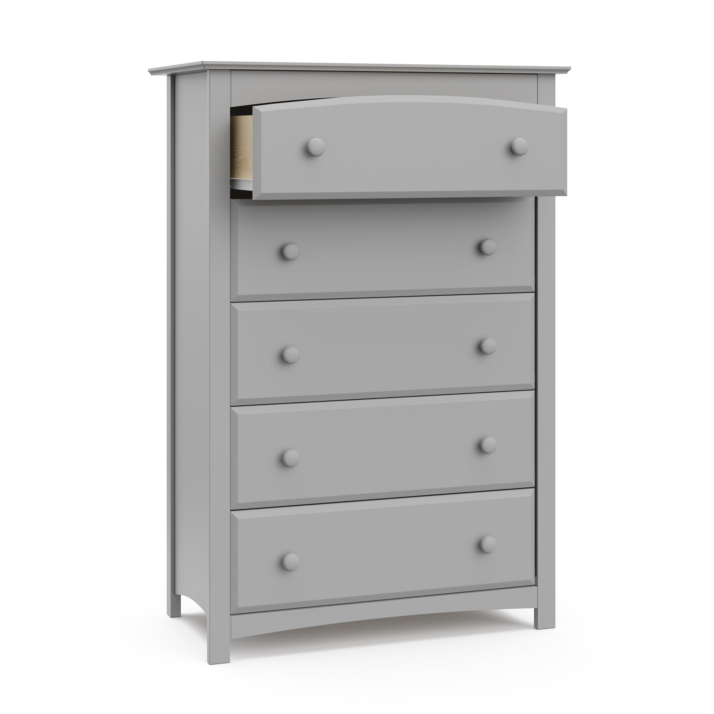 Kenton pebble gray 5 drawer dresser with top drawer open angle view