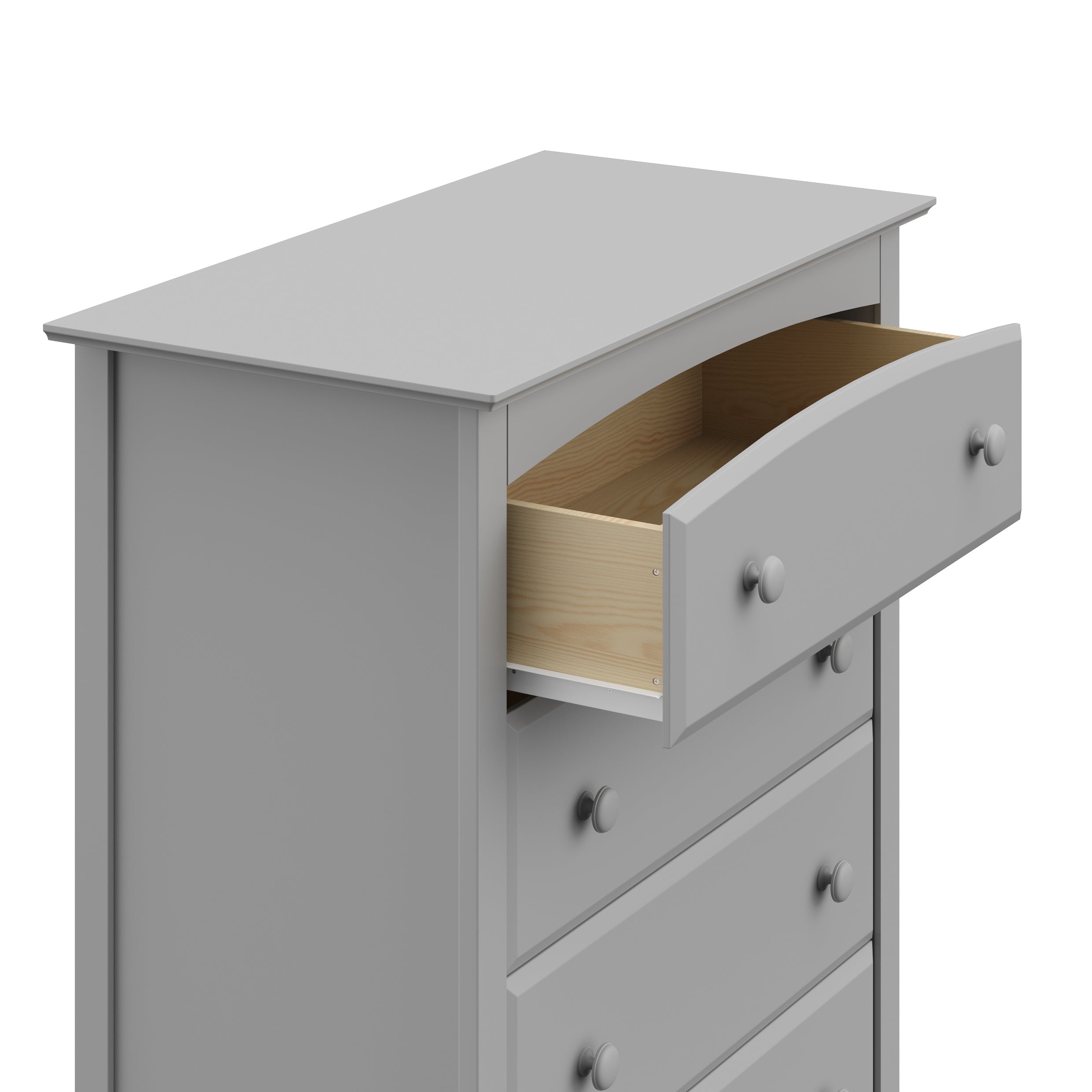 Kenton pebble gray 5 drawer dresser close up of top drawer open angle view