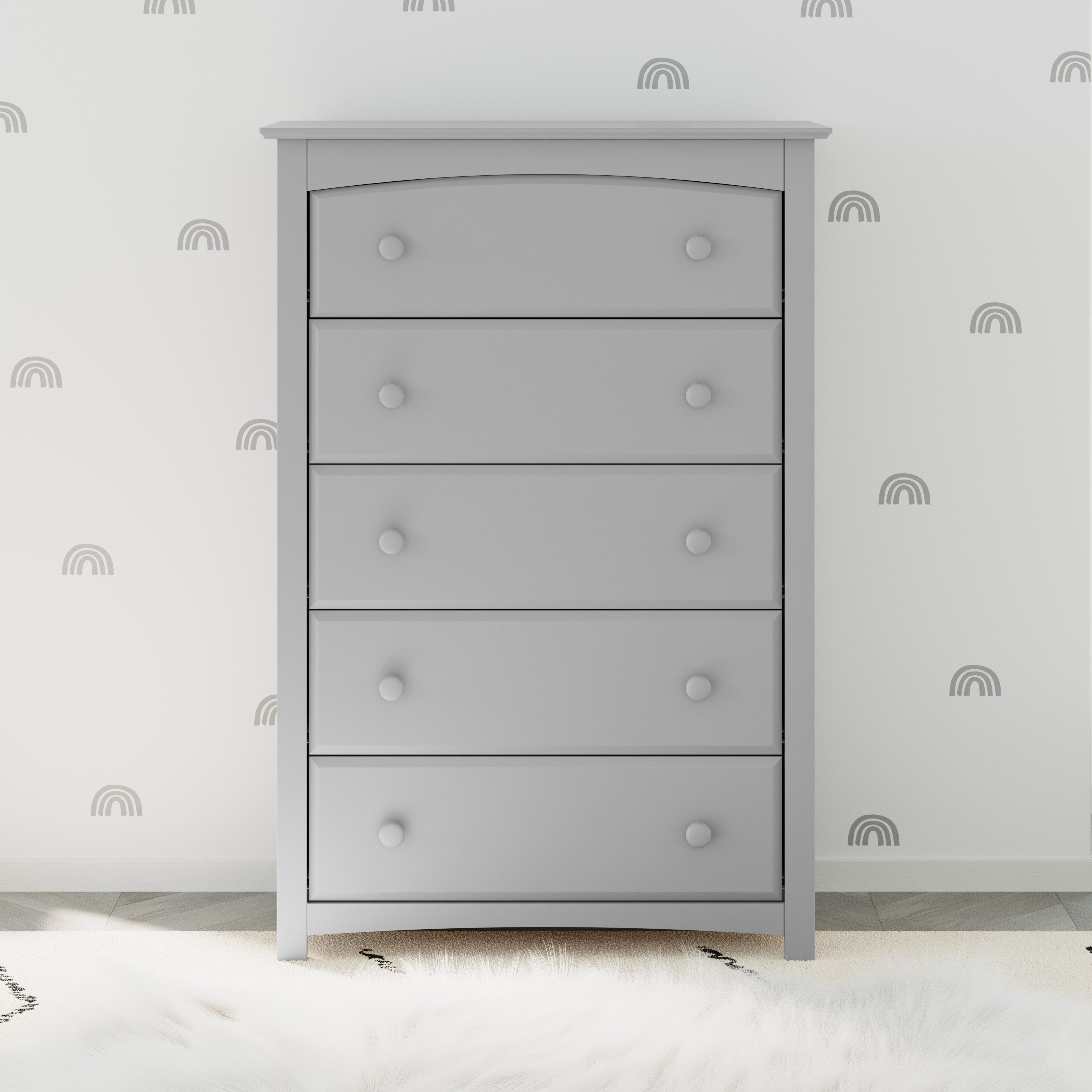 Kenton pebble gray 5 drawer dresser in a nursery