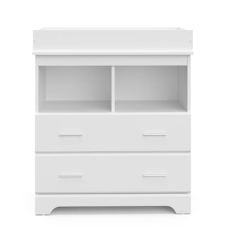 front view of white 2 drawer chest with changing topper