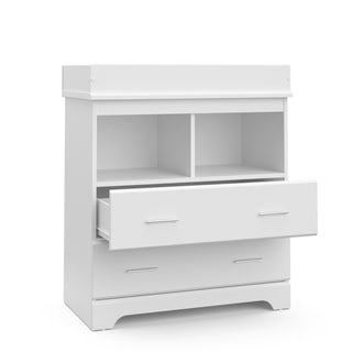 white 2 drawer chest with one open drawer