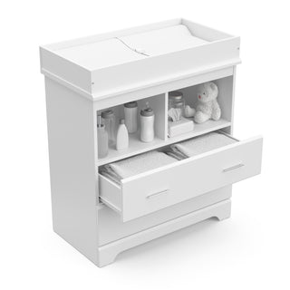 white 2 drawer chest with changing topper and one open drawer