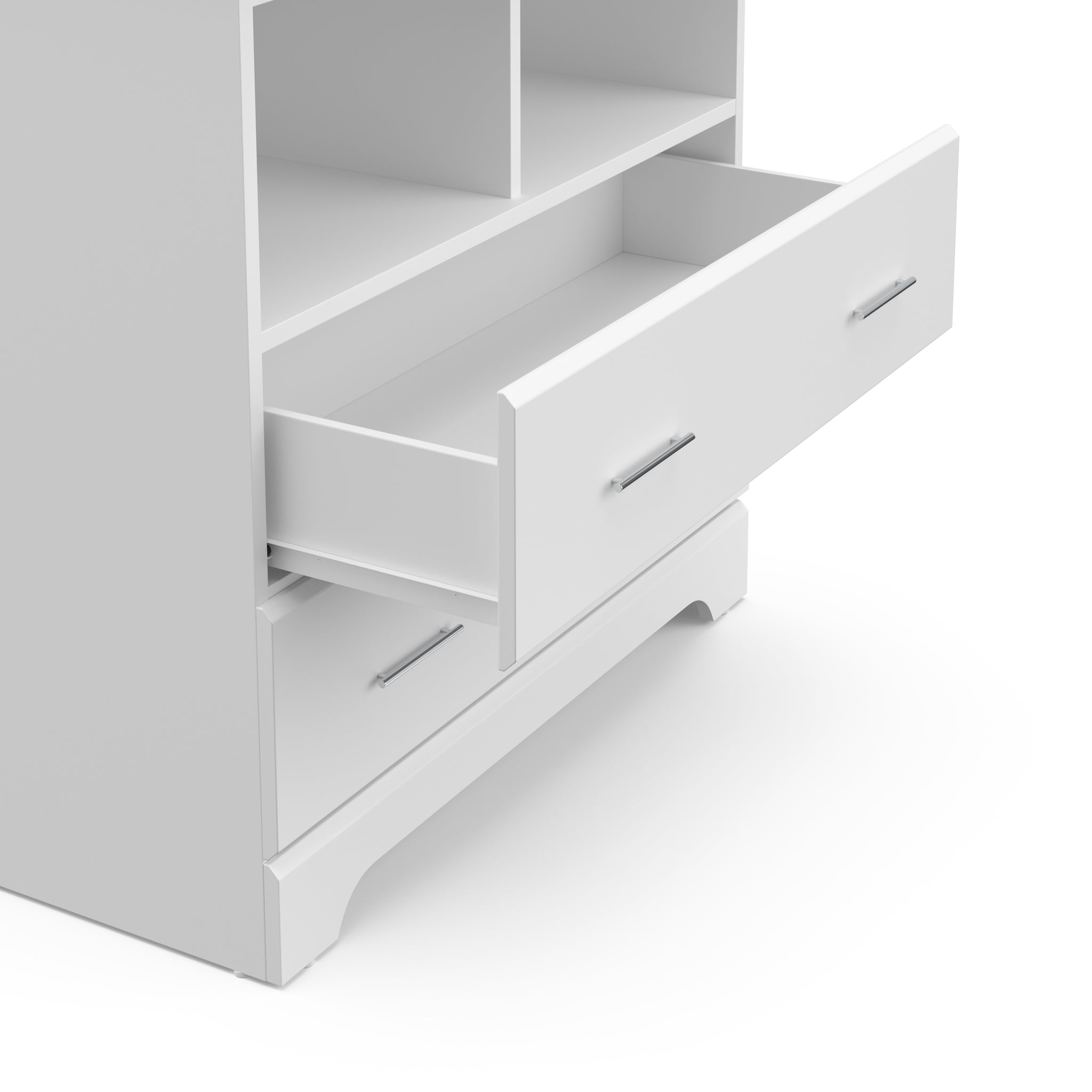 close-up view of white 2 drawer chest with one open drawer