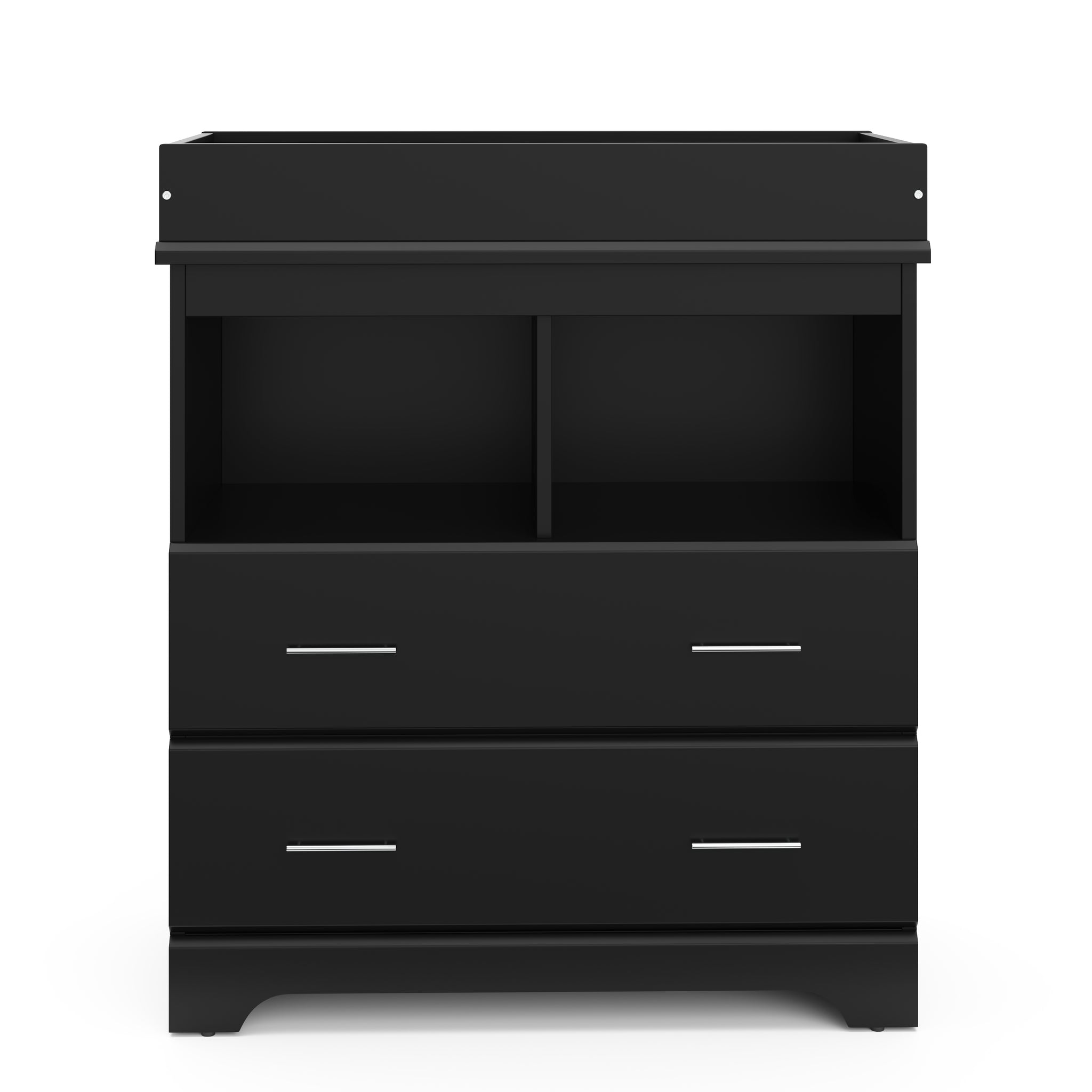 front view of black 2 drawer chest with changing topper