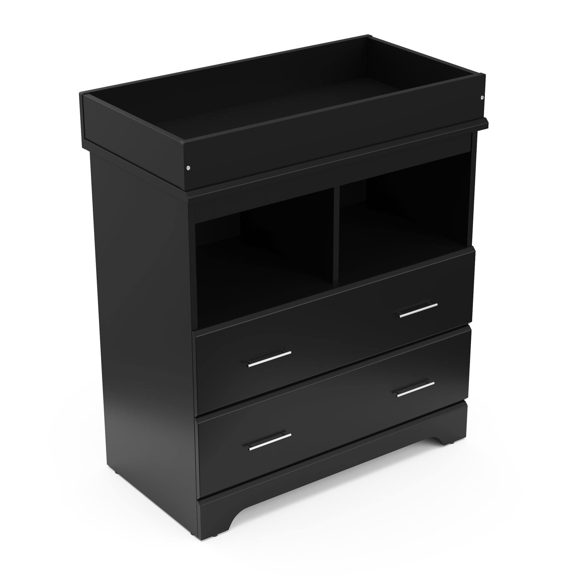 black 2 drawer chest with changing topper and an open drawer