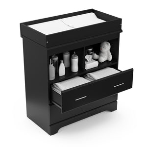 black 2 drawer chest with changing topper and an open drawer